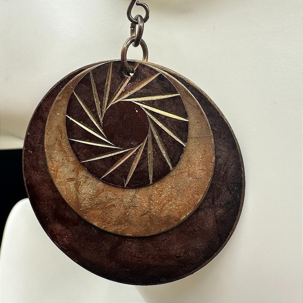 Vintage Brown Copper Layered Eyes shape Disks Dangle Earrings with 3 Disks 2‎ in